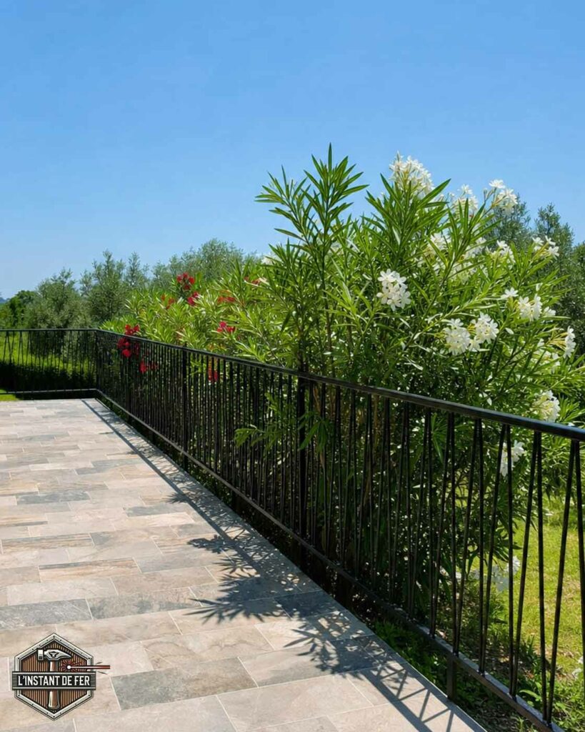 Balustrade jardin barreaudage droit acier Balustrade de jardin et terrasse à barreaudage droit en acier noir longeant un massif