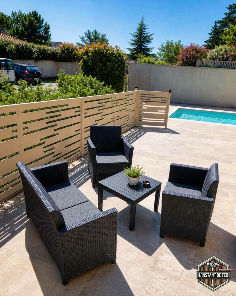 Clôture terrasse pare-vue beige Clôture de terrasse et pare-vue piscine en métal thermolaqué beige avec fentes découpées