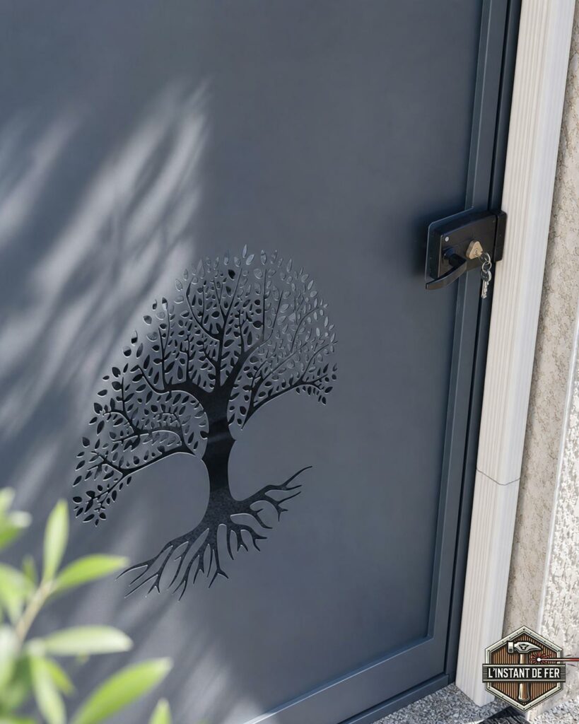 Détail portillon découpe arbre laser Détail portillon avec motif d'arbre avec racines découpé au laser