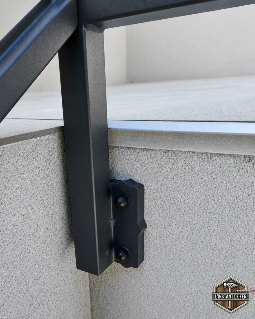 Fixation garde-corps pose anglaise platine Zoom sur fixation en pose anglaise pour garde-corps de terrasse avec platine en acier