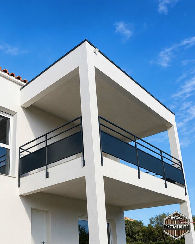 Garde-corps balcon étage acier noir soubassement Garde-corps de balcon d'étage en acier noir avec soubassement tôlé opaque