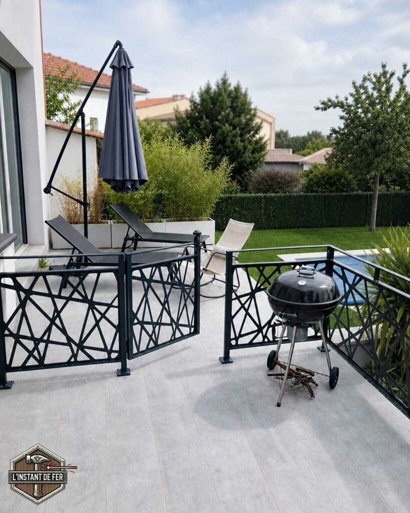 Garde-corps terrasse découpe laser métal Garde-corps de terrasse et portillon découpés au laser avec motifs géométriques déstructurés