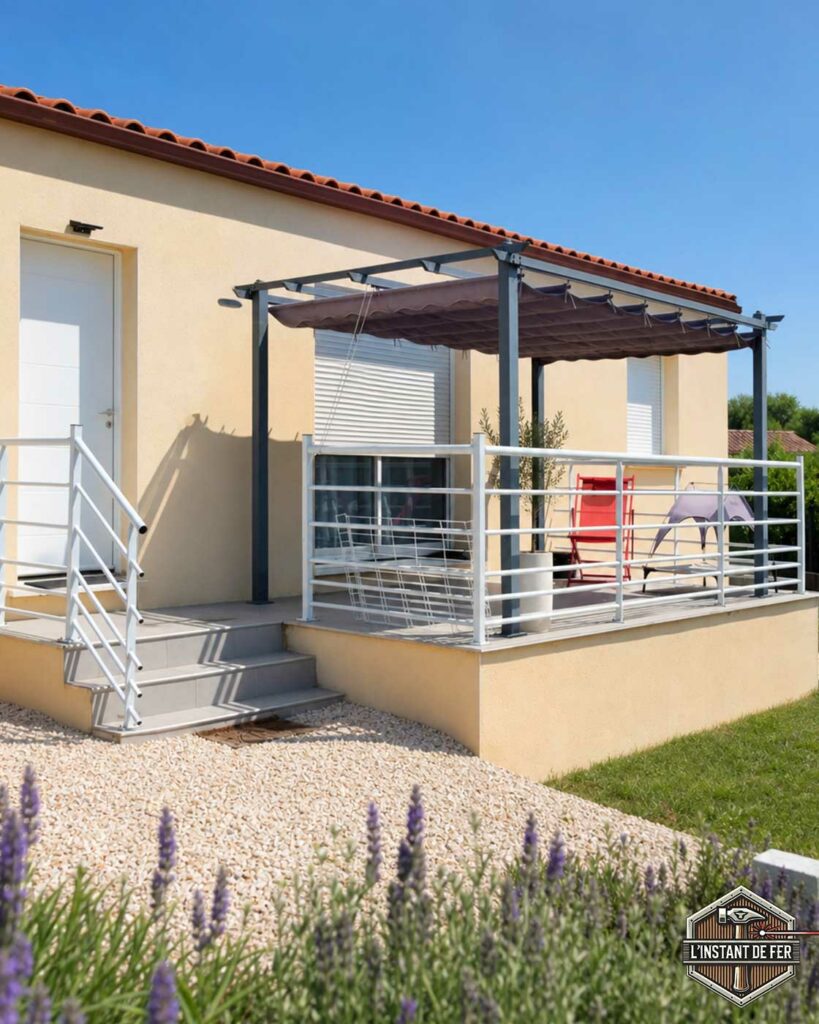 Garde-corps et rampe terrasse acier blanc Garde-corps de terrasse et rampe d'accès en acier thermolaqué blanc avec pergola