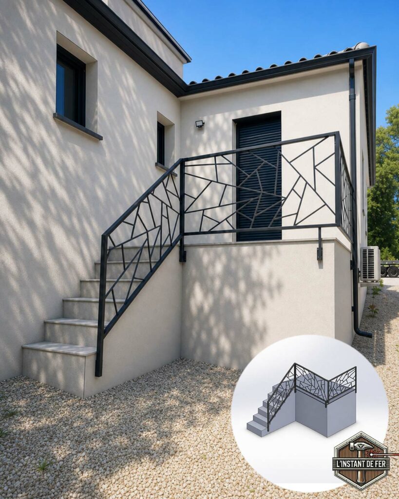 Garde-corps terrasse et rampe découpe laser Garde-corps de terrasse et rampe d'escalier extérieur en acier noir avec motif découpé au laser