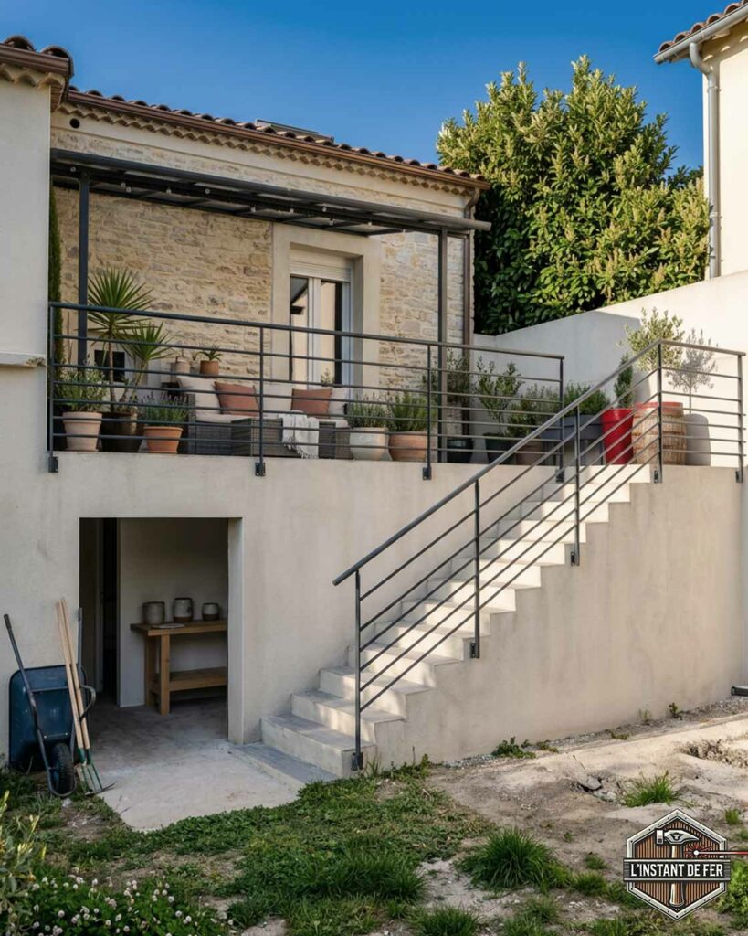 Garde-corps terrasse et rampe escalier acier noir Garde-corps de terrasse et rampe d'escalier extérieur à lisses horizontales en acier