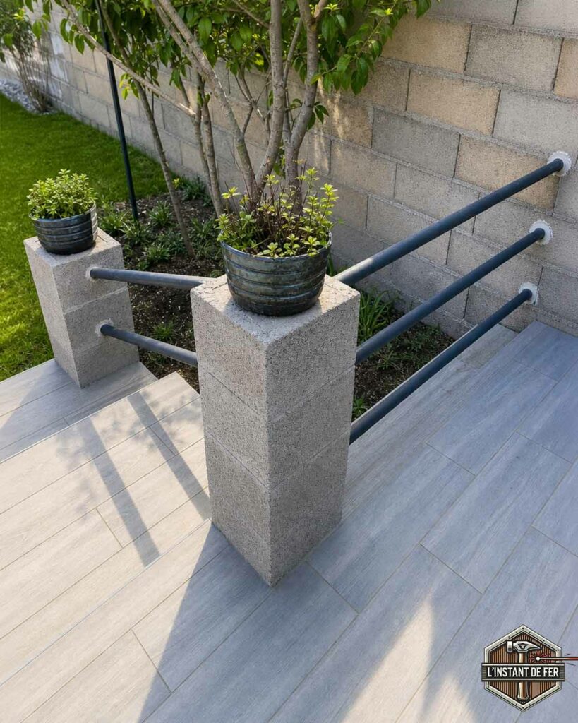 Garde-corps terrasse béton et tubes acier Garde-corps de terrasse design avec poteaux en béton et lisses tubulaires métalliques