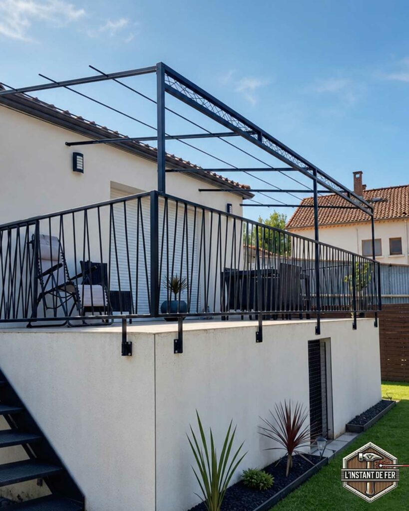 Pergola en acier et garde-corps Pergola adossée en acier noir et garde-corps assorti sur terrasse surlevée