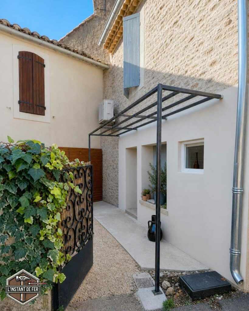 Pergola étroite en acier Pergola adossée étroite en acier noir pour allée de passage et cour intérieure