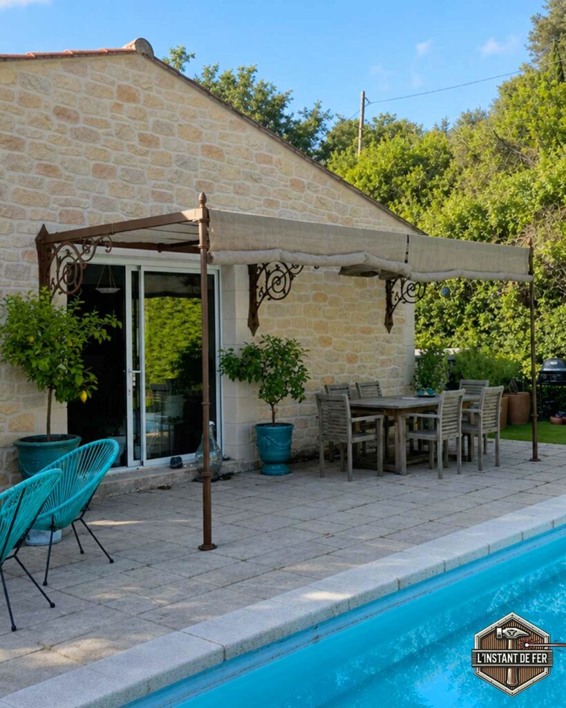 Pergola en acier adossée Pergola en acier adossée avec toile d'ombrage rétractable au bord de la piscine