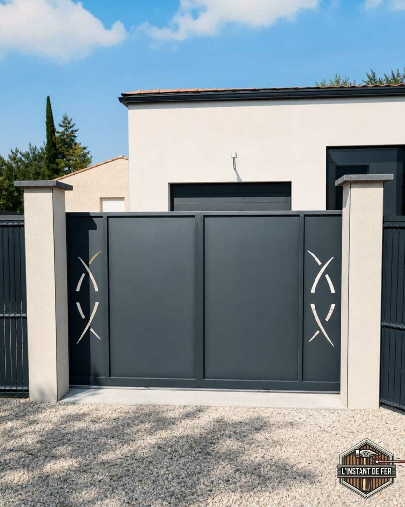 ortail coulissant acier motifs géométriques ortail sur mesure coulissant en acier gris anthracite avec motifs géométriques