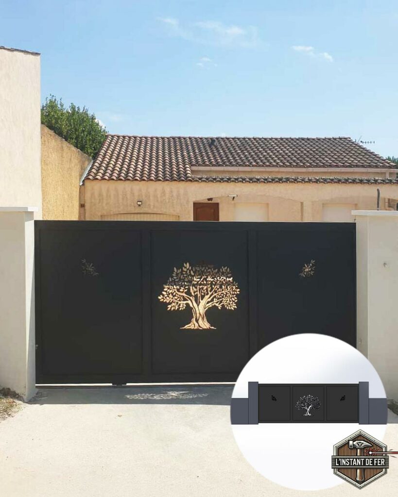 Portail coulissant laser olivier Portail sur mesure coulissant en acier noir avec motif arbre découpé au laser