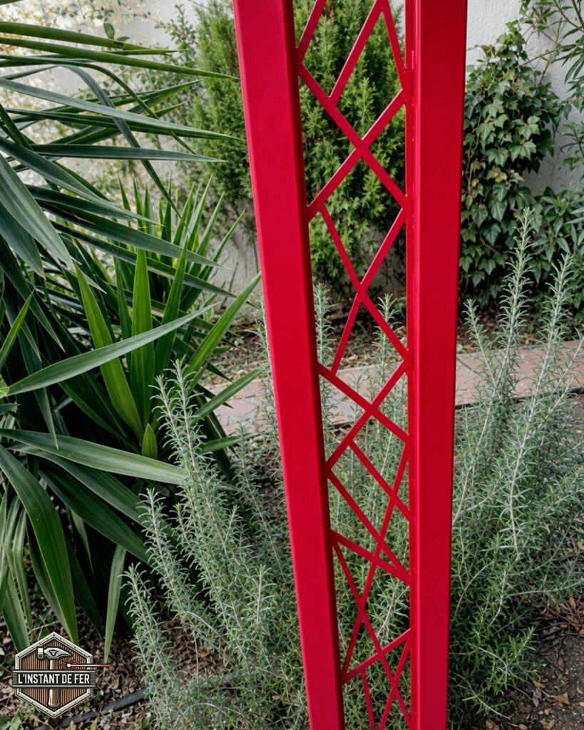 Poteau thermolaqué rouge Poteau de pergola sur mesure en acier avec peinture thermolaqué et motifs géométriques découpés au laser