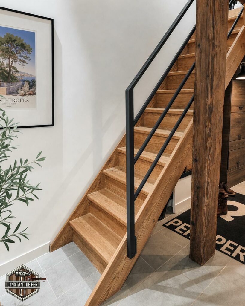 Rampe d'escalier métal noir Rampe d'escalier en métal noir minimaliste pour escalier en bois
