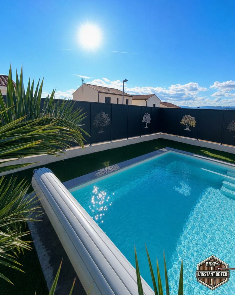 Clôture brise-vue découpe laser piscine Clôture brise-vue pour piscine en tôle avec découpe laser motifs d'arbres